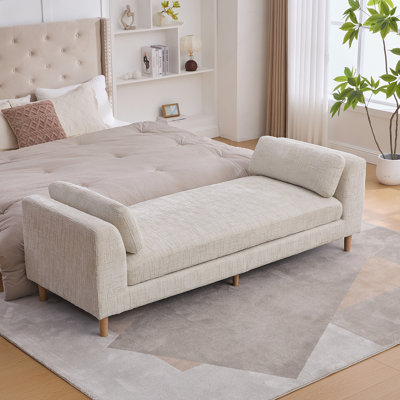 Banc de bout rembourré de 83,1 po de largeur avec accoudoirs, canapé-lit en chenille avec 2 traversins, lit de jour avec pieds en bois d'hévéa pour salon, chambre à coucher, appartement, chambre d'amis, beige