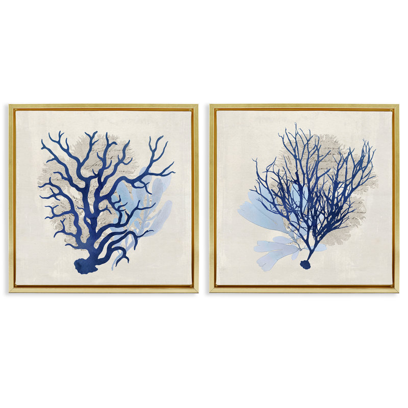  «Blue Coral Branches», ensemble de 2 toiles flottantes encadrées par Susan Arnot, H 18 po x l 18 po