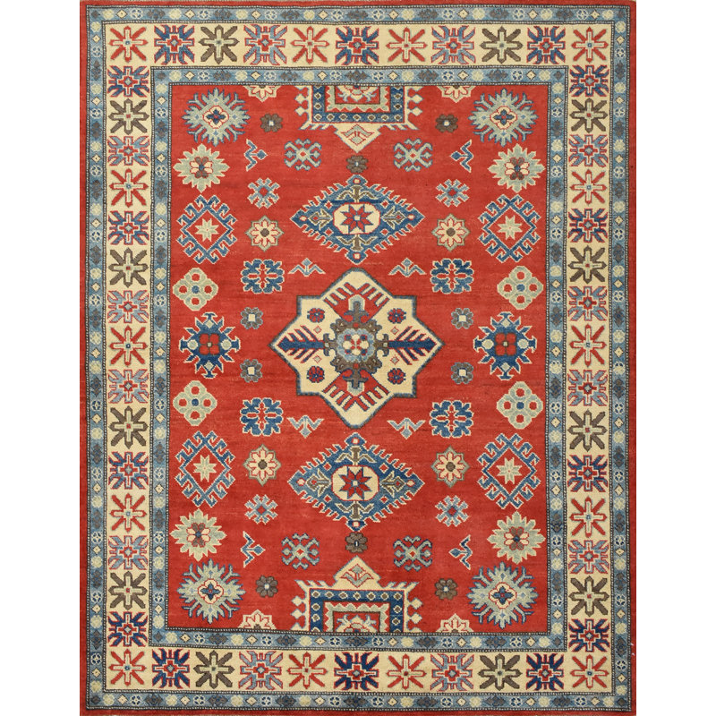 Tapis unique en laine noué à la main de style Kazak rouge de 5 pi 2 po x 6 pi 7 po