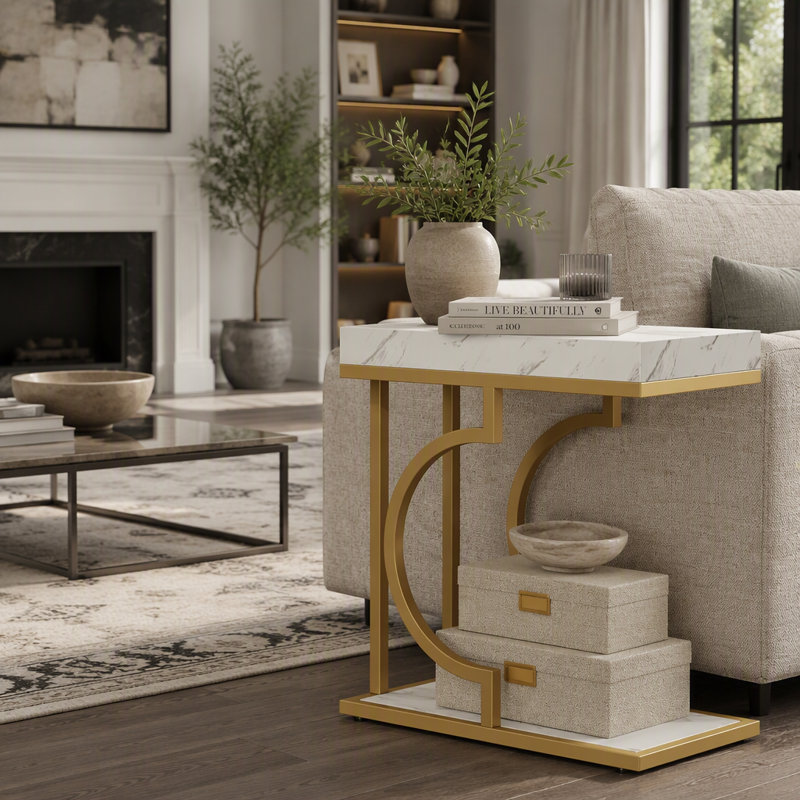 Table d'appoint moderne en faux marbre de 60 cm (23,62 po) pour canapé