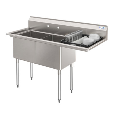 Évier commercial 57 pouces à 2 compartiments de calibre 18 avec dosseret et égouttoir à droite de 18 po, dimensions du bol 18 po x 18 po x 14 po en acier inoxydable (km-SB181814-18R3)