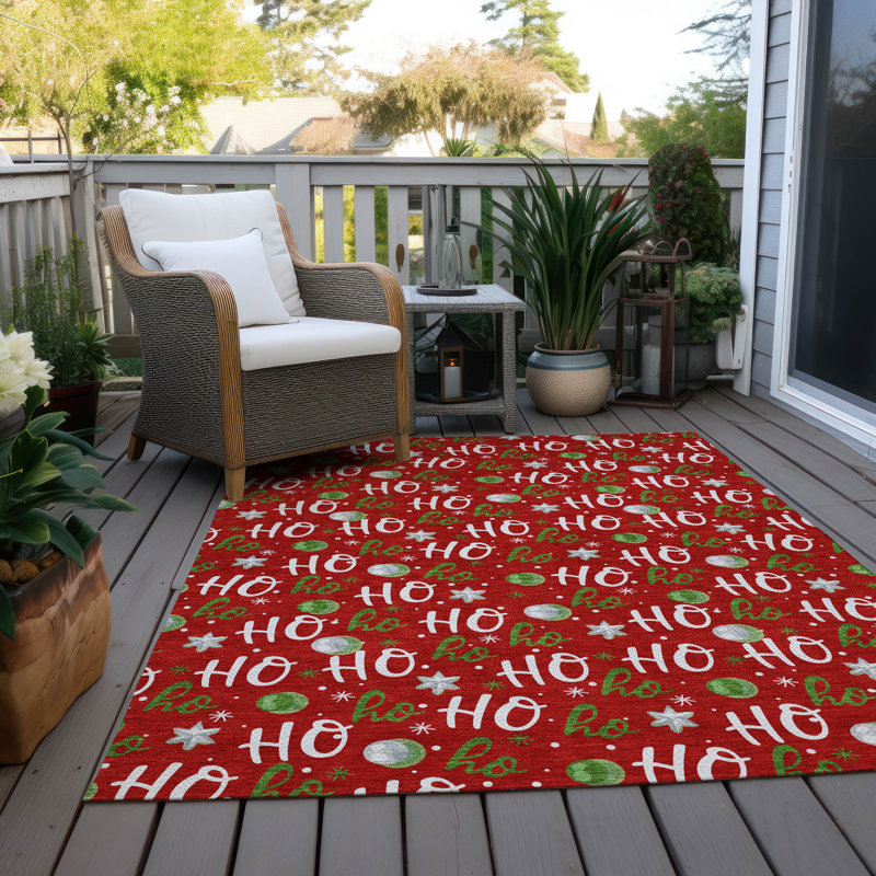 Machine Washable Indoor/Outdoor Snowflake Ho Ho Ho Xhevrie Red Rug, Rectangle 8' x 10'