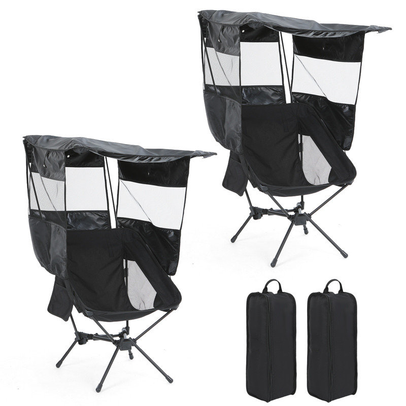 Low Profile Canopy Camping Chair with High Back, Folding Backpack Beach Chair with Shade, Carry Bag, Lightweight (Black, 2 Pack)