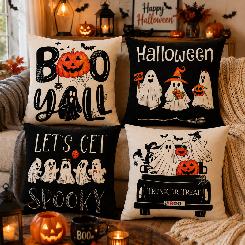 Halloween Decorative Throw Pillow Set of 4 for Sofa, Couch & Home Décor