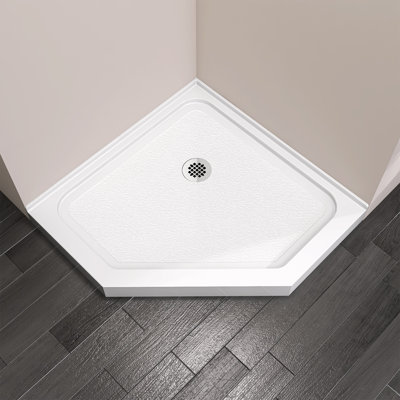 36" × 36" Neo-Angle Acrylic Corner Shower Base with Pre-Installed Drain, Single Threshold, 2-Sided Flange, Indoor Residential & Commercial Use
