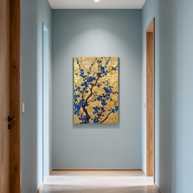 Plantes et fleurs fleurs bleues sur fond doré, H 16 po x l 24 po