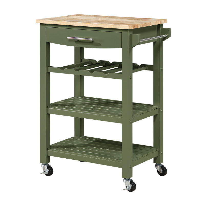 Michelle 4 Tier Butcher Block Kitchen Cart with Drawer and Wine Rack, Green
