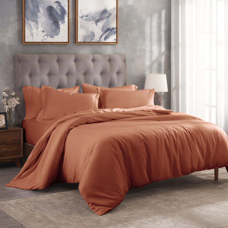 Ensemble de housse de couette unie en mélange de coton égyptien 300 fils avec taies décoratives, Citrouille