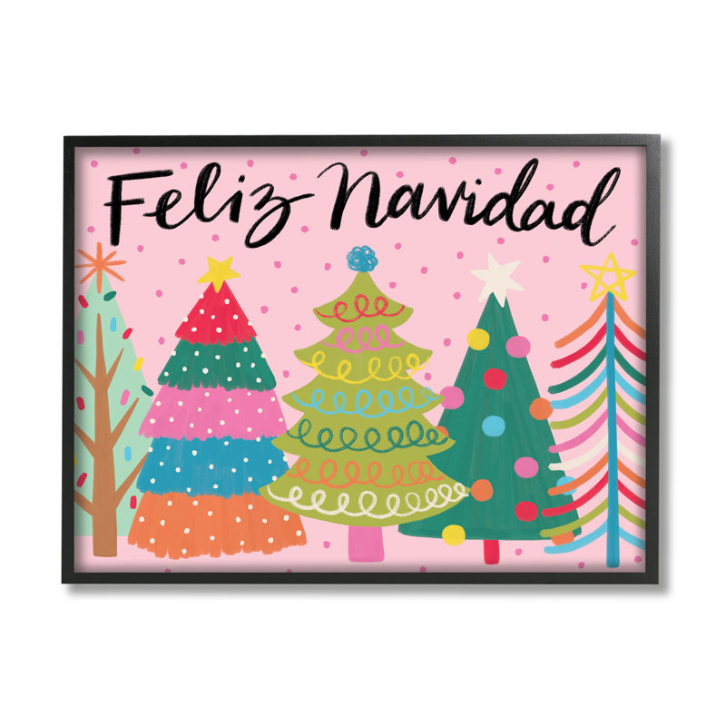 Ornements d'arbre de Noël à motifs fantaisistes Feliz Navidad, estampe numérique encadrée noire, art texturé par Deborah Curiel
