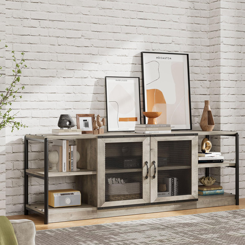 71" Farmhouse TV Stand for 75/80 Inch TVs, Industrial Entertainment Center with Double Mesh Doors & Storage, Gray