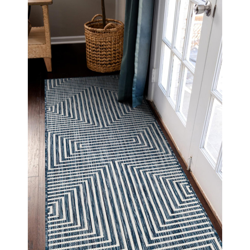 Tapis bleu contemporain Odawa, Tapis de couloir 2 pi x 8 pi