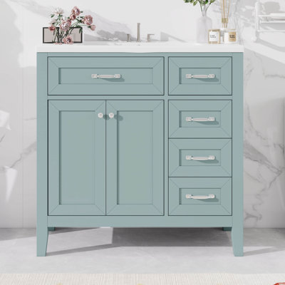 Ensemble de meuble-lavabo 36 po avec lavabo, armoire de salle de bain avec tiroirs et portes, structure en bois massif et panneau de fibres à densité moyenne