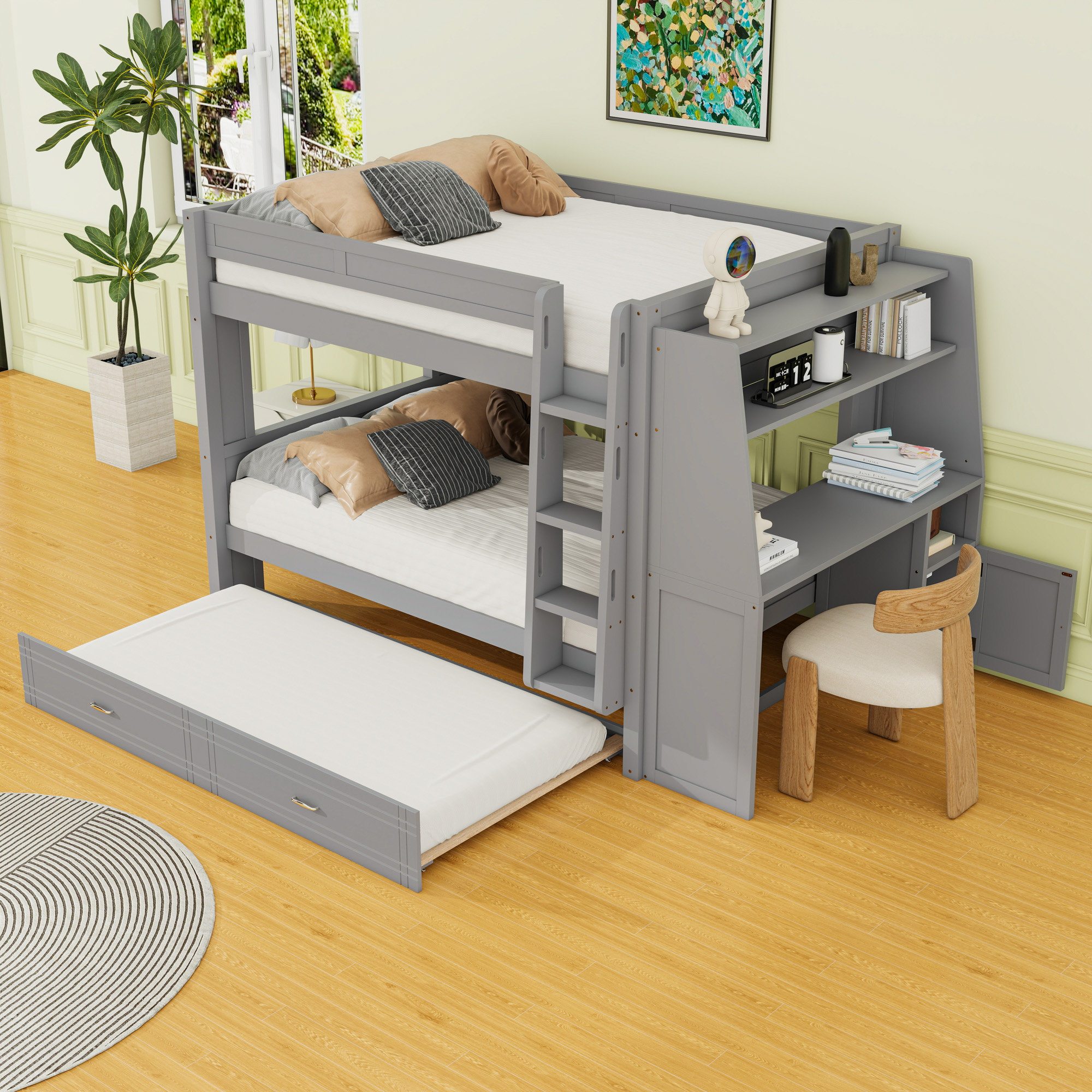 Harriet Bee Full Over Full 2 Drawers Wood Bunk Bed With Desk And ...