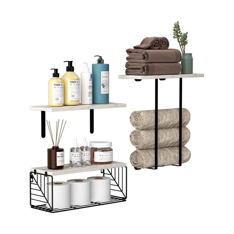 Floating Shelves with Wire Storage Basket, White