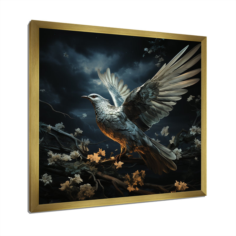 Bleu et blanc Dove Take Off Harmony - art mural colombe, Encadrement doré, H 16 po x l 16 po x P 1 po