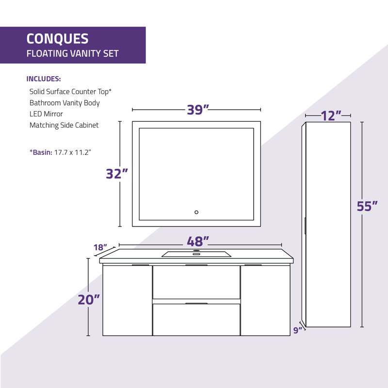 Ensemble de meuble-lavabo simple 48 po avec miroir Conques, Blanc