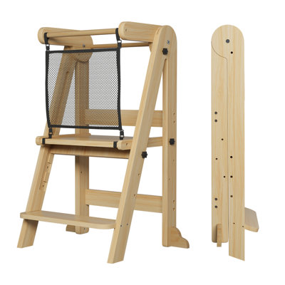 Foldable Kids Step Stool, 3 Adjustable Height Wooden Toddler Kitchen Tower With Safety Net - Grey by Isabelle & Max