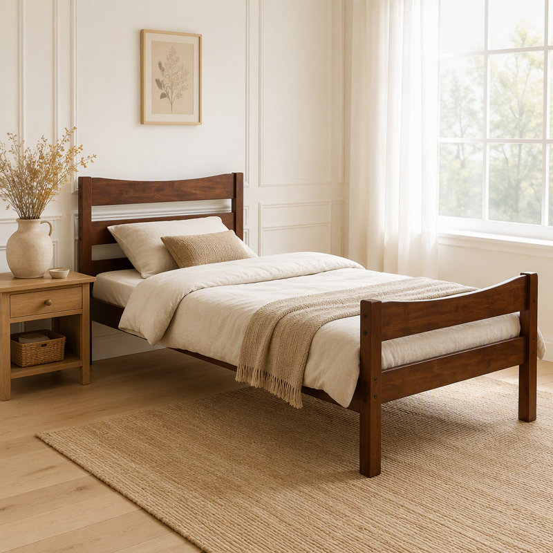 Lit plateforme simple en bois avec tête de lit et lattes en bois, Noyer
