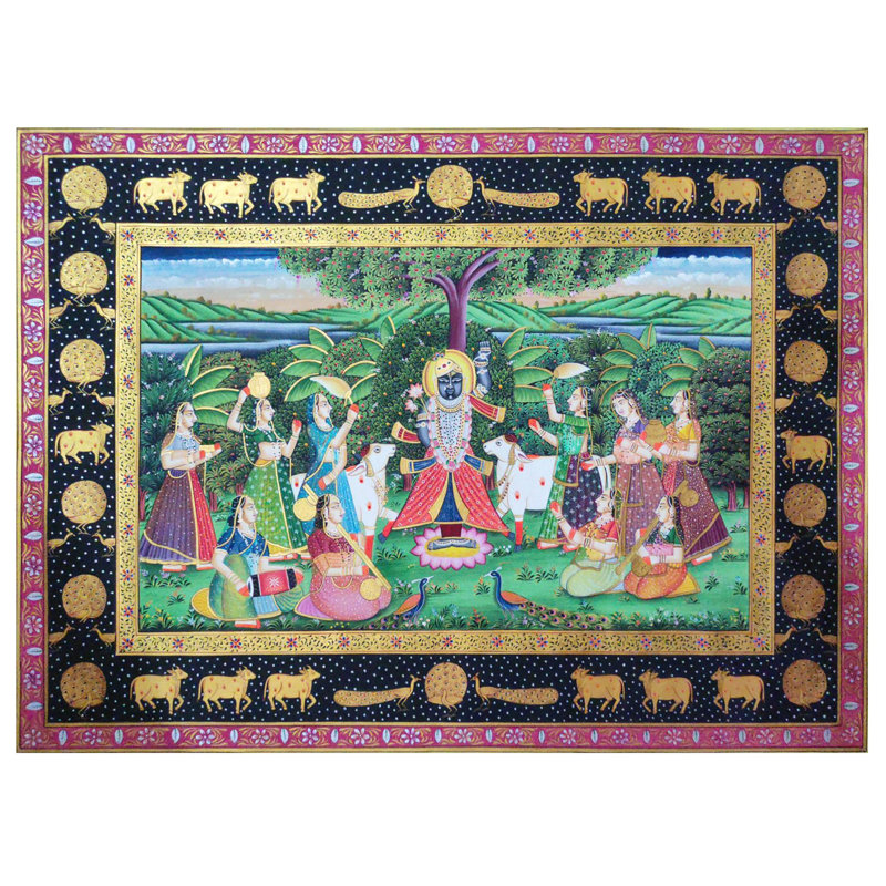 Lord Shrinathji vénéré par Gopis | Art Pichwai | Aquarelle sur coton