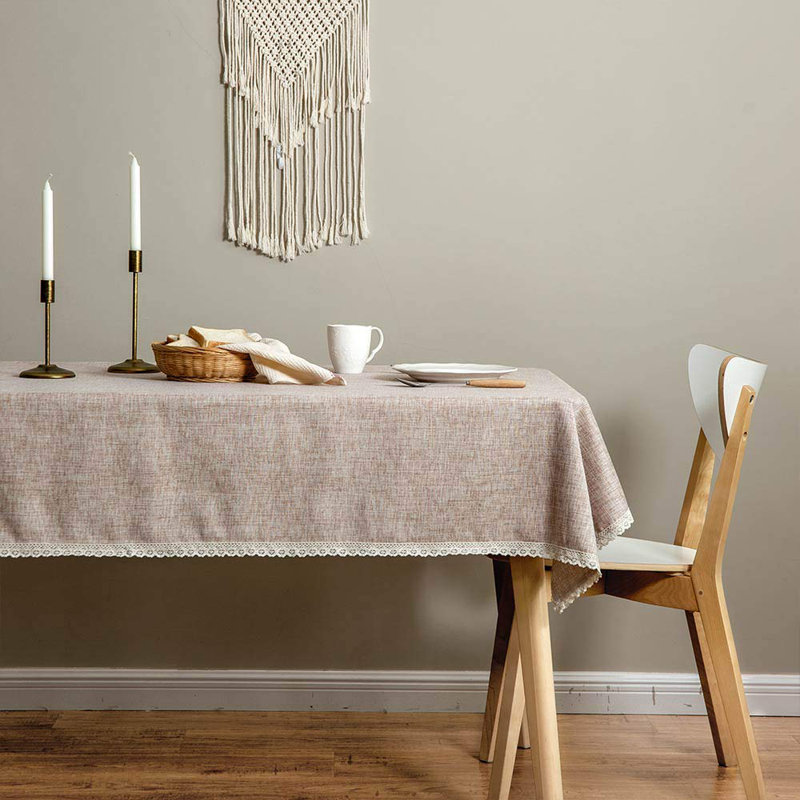 Burlap Table Clothes Faux Linen Rustic Washable Tablecloth,Solid Heavy-Duty 60 X 102 Rectangle Overlay Lace Edge Table Cover