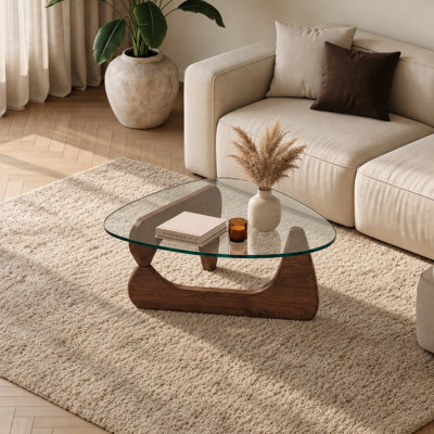 Table basse moderne, noyer, 90 x 33 x 65 cm | Plateau : verre trempé (épaisseur : 6 mm)