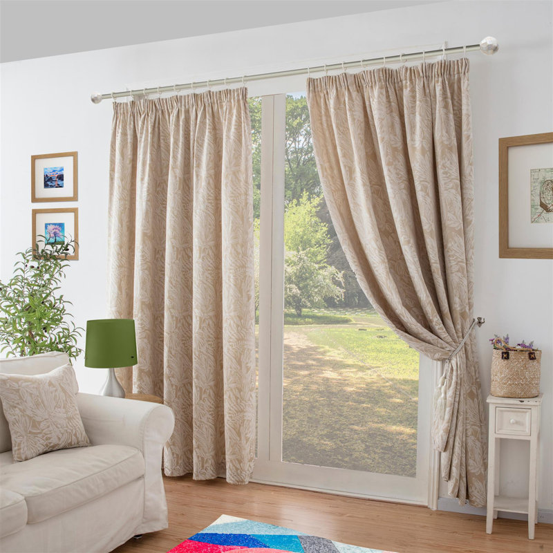 Zamora Chenille Jacquard Pencil Pleat Curtains Pair, Cream, 229cm Width x 183cm Drop