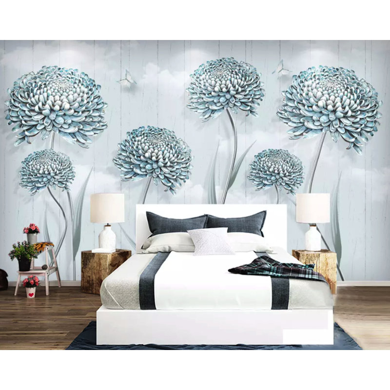 Papier peint rétro rétro avec fleurs bleu pissenlit, L 35,04 po x l 55 po