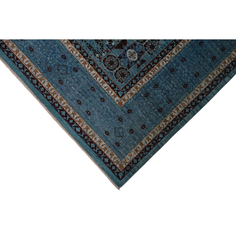 Hand Knotted Wool Area Rug in Turquoise