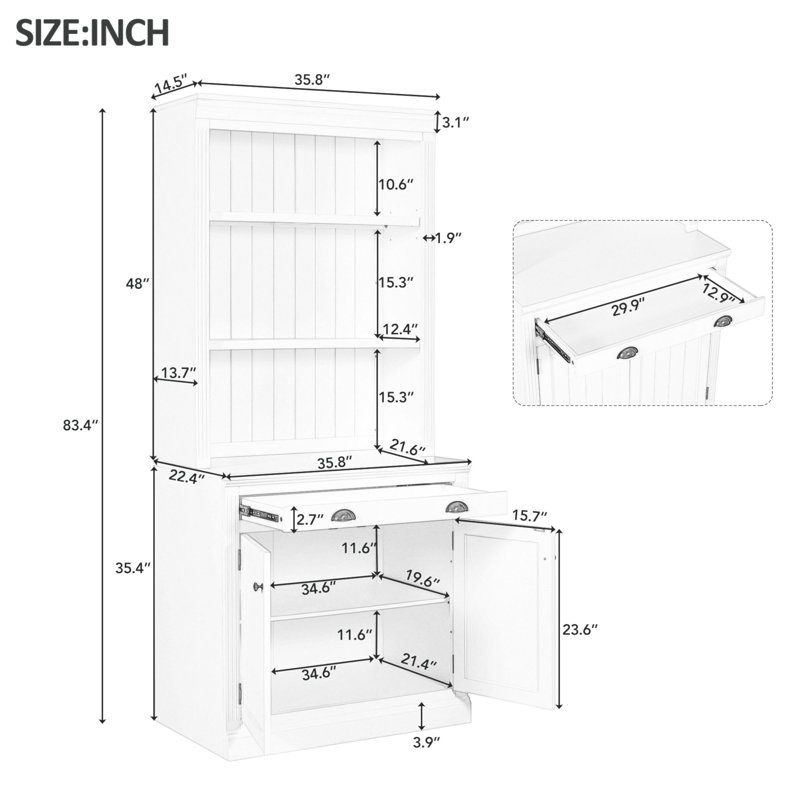 83.4" Tall White Solid Wood Bookcase with LED Lighting and Doors