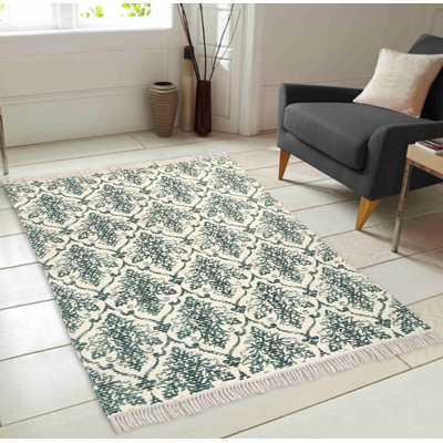Tapis bleu rétro imprimé handwoven à tissage plat Bernhardt