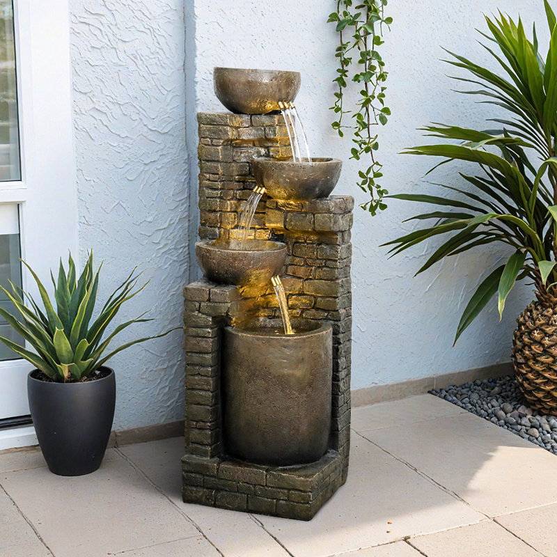 Fountains | 38.2" H Outdoor LED Fountain for Garden Patio, UL Certified with Pump | Resin | Tiered Waterfall Fountain