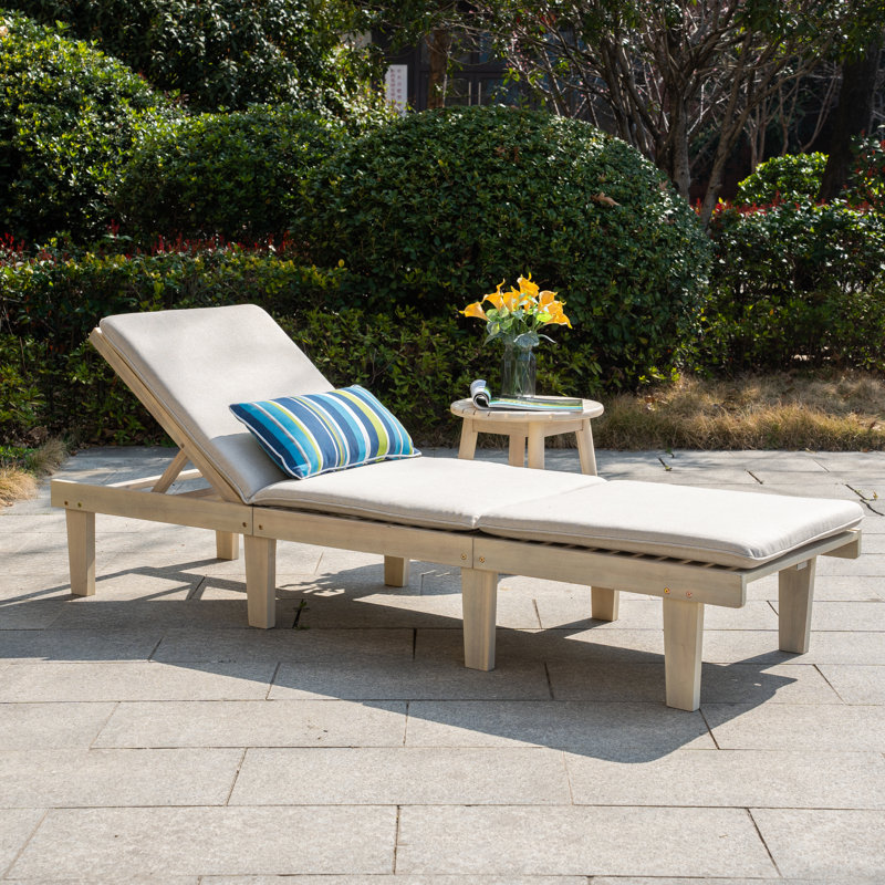 Outdoor Acacia Wood Chaise Lounge With Table , Cushion Included, 1