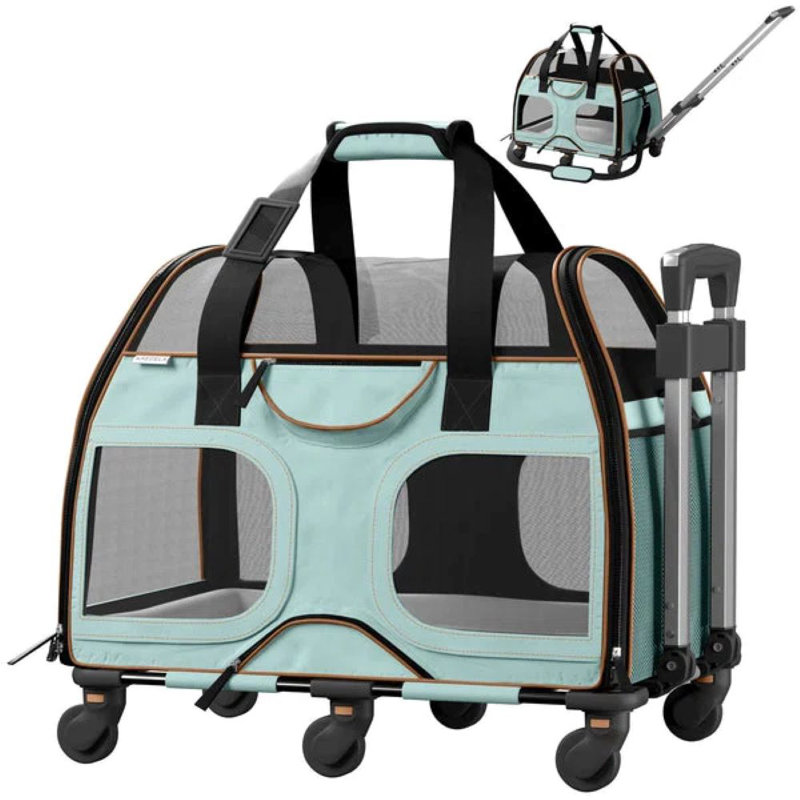 Sac de transport pour animaux Luxury Rider ™ Chrishawn avec roues amovibles et poignée télescopique, Bleu et brun