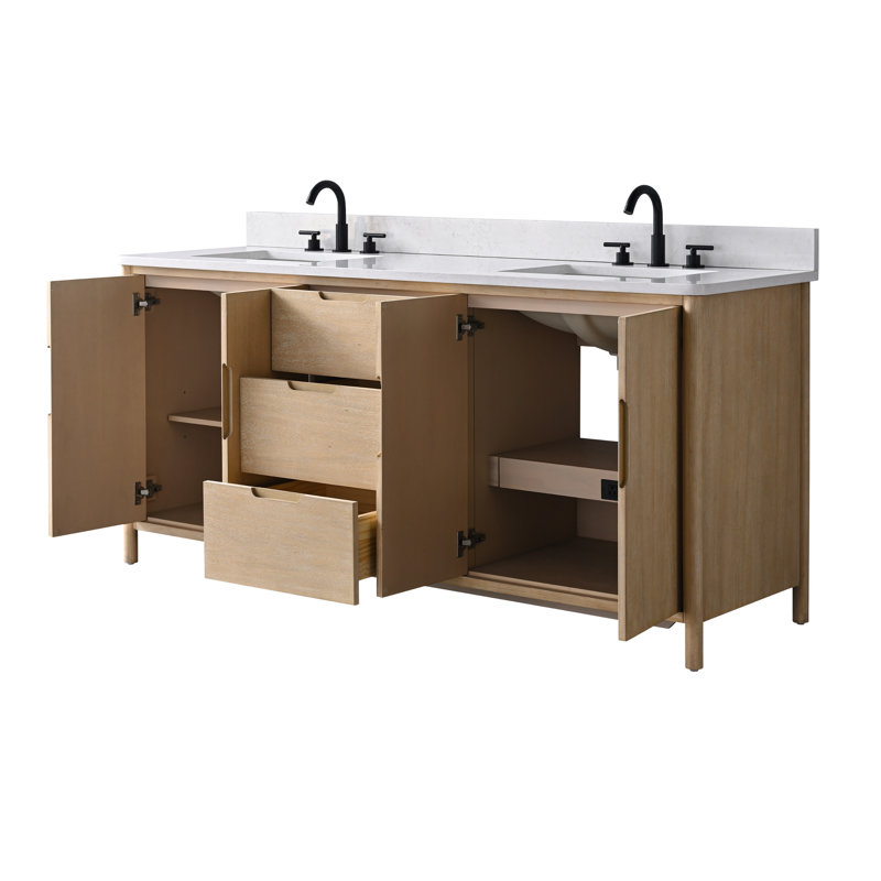 Meuble-lavabo autoportant de 72 po avec plateau en pierre Milano Mist, tablette dissimulée et support pour sèche-cheveux, 72