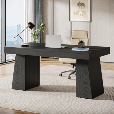 55 Inch Mid-Century Modern Executive Desk – Home Office Workstation With Double Trapezoid Base, Stylish Writing Table & Conference Desk, Black Wooden Business Furniture