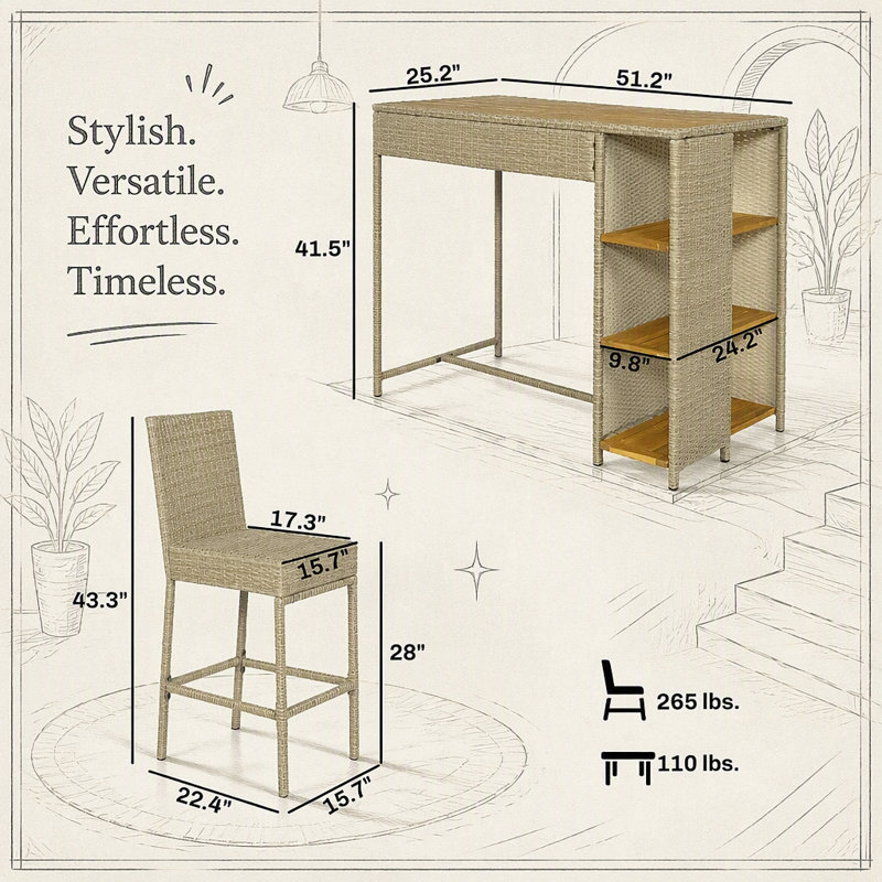 Ensemble de bar extérieur en osier cinq pièces avec étagères de rangement et tabourets ergonomiques pour recevoir sur la terrasse.