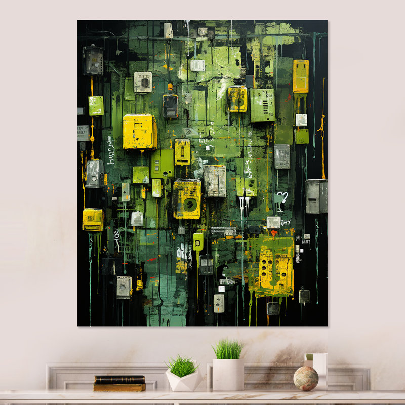 «Green Maya Shapes Mask III» - Décoration murale abstraite en métal, H 20 po x l 12 po x P 1 po