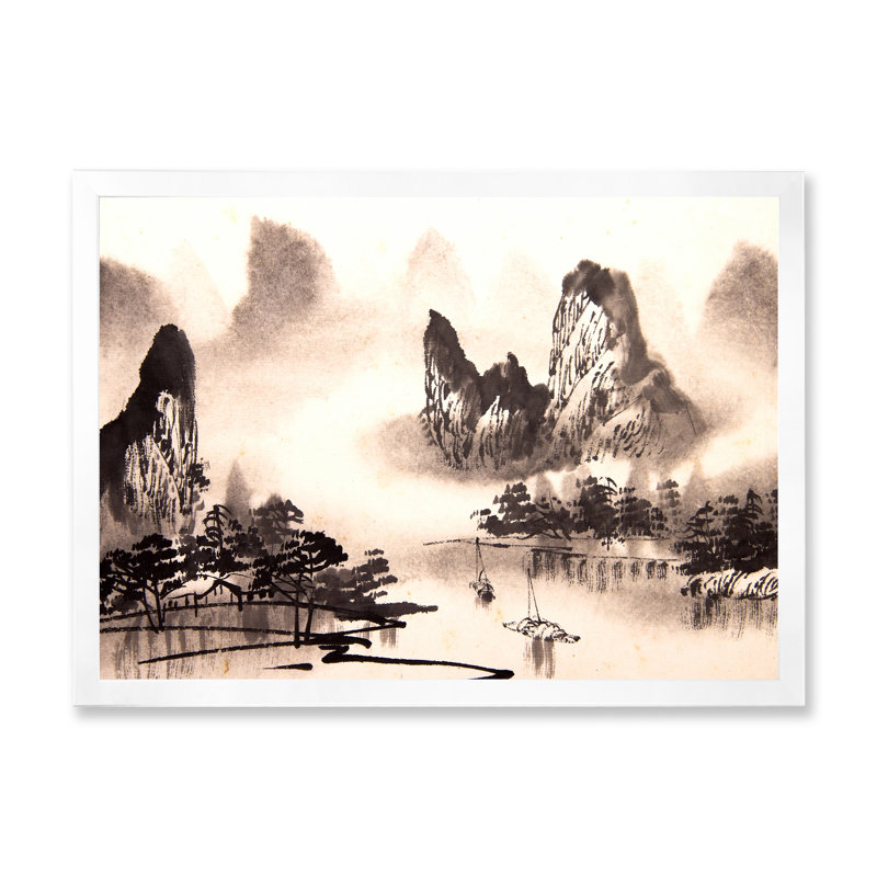 Paysage d'eau monochrome chinois - reproduction de cadre photo sur toile, H 20 po x l 12 po, Blanc