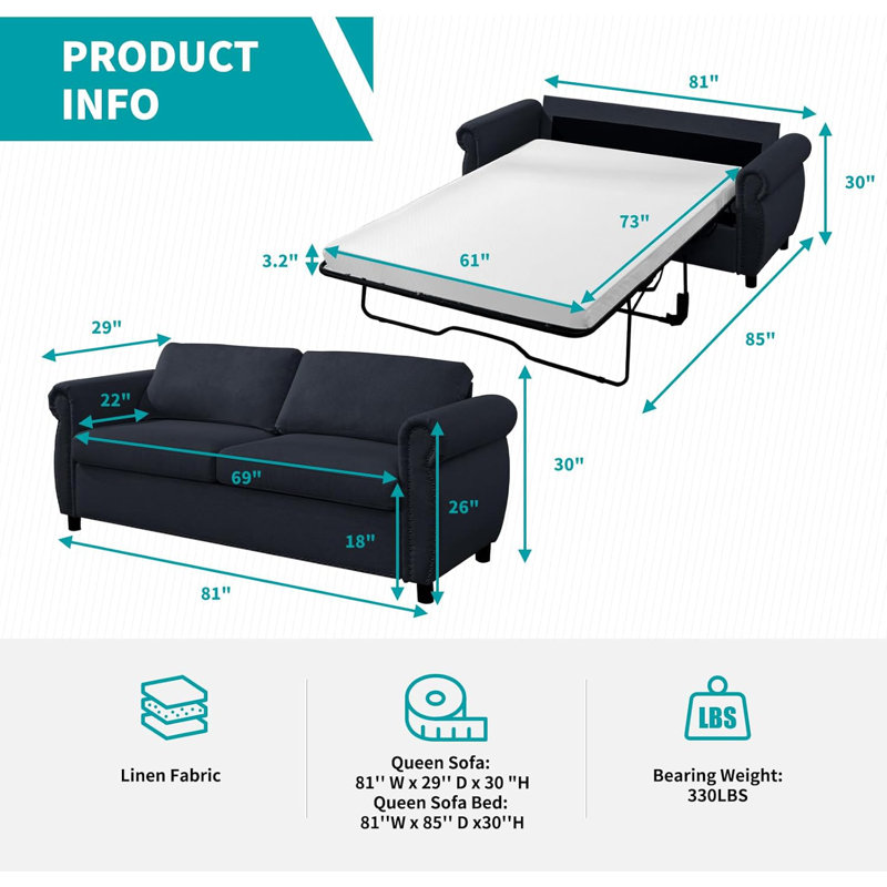 Grand canapé-lit escamotable, canapé-lit convertible avec accoudoirs cloutés et matelas en mousse à mémoire de forme de 3,2 po, canapé-lit escamotable pour salon, bureau, appartement