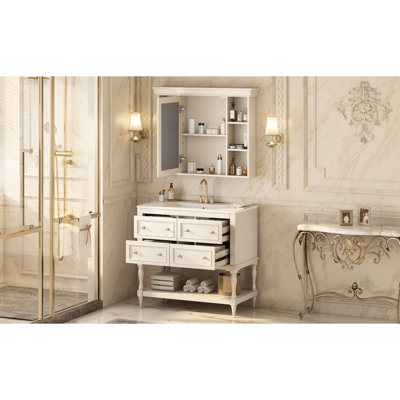 Meuble-lavabo de luxe beige 36 po avec armoire à pharmacie, structure en bois massif, 4 tiroirs, finition imperméable avec miroir, tablette de rangement supplémentaire, poignées argentées pour lavabo en céramique réglable moderne, pré-percé