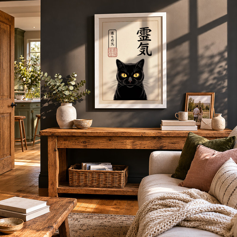 Black Cat with Yellow Eyes Japandi - Framed Print, A2 - 59.4 x 42.0 cm, White