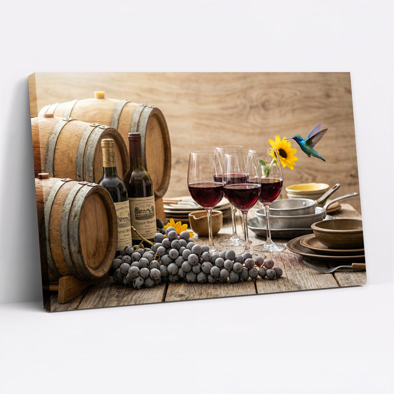 Tableau sur toile représentant des tonneaux de vin en bois, des raisins et un colibri, H 24 po x l 36 po