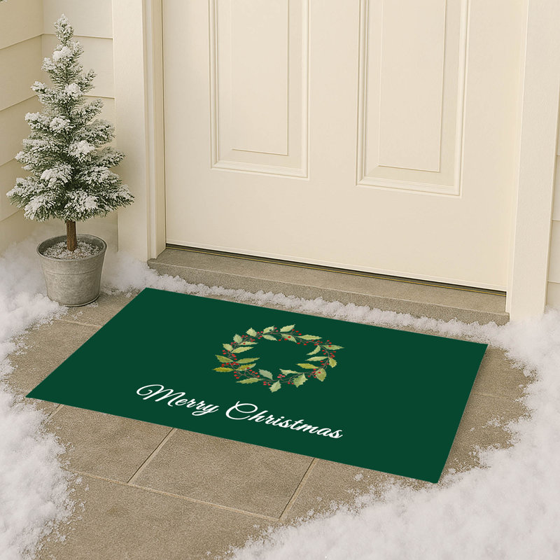 Paillasson Merry Christmas Holly, Émeraude, L 21 po x L 34 po
