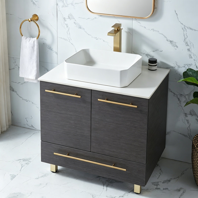 Pyrs 30" Modern Wood Grain Free-Standing Single Bathroom Vanity Set, Black, Gold
