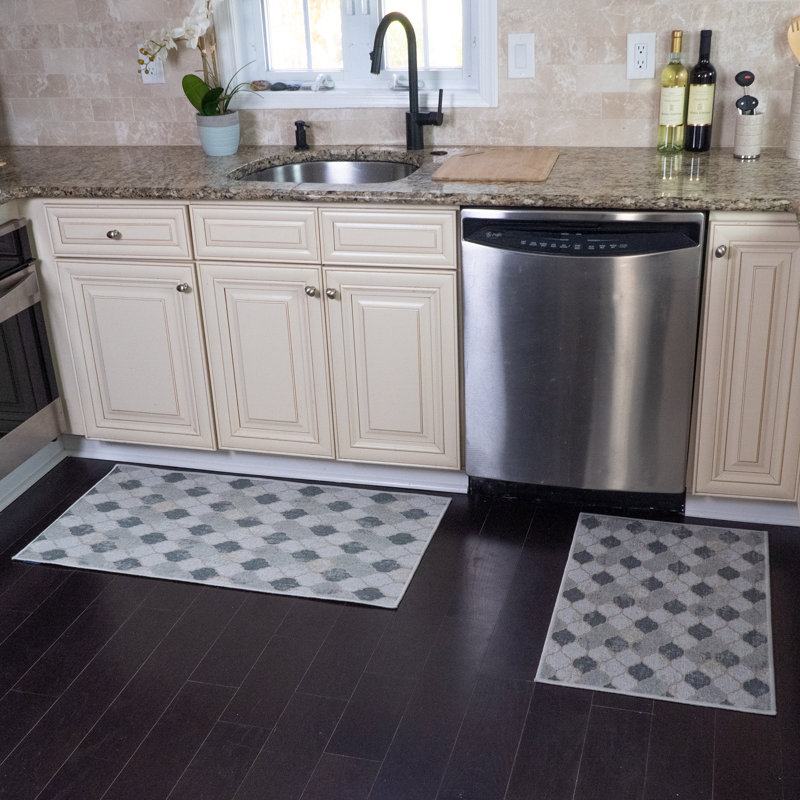 Devki Geometric Non-Skid Kitchen Mat, Beige/Gray