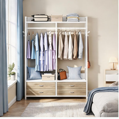 Rangement et rangement pour la chambre à coucher en chêne et blanc, conception et tablettes robustes