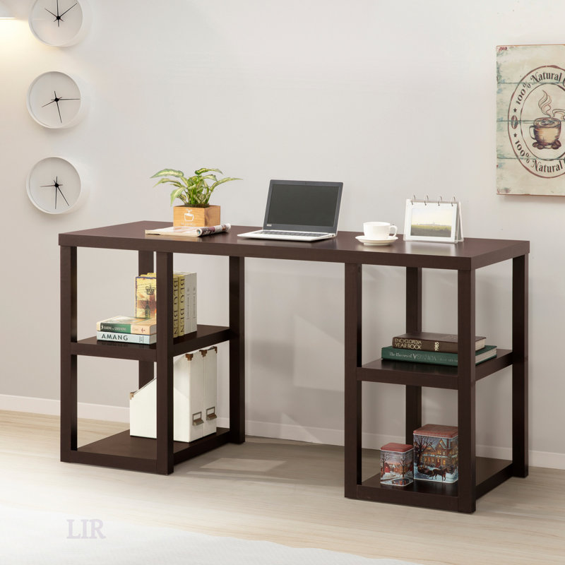 Bureau en chêne cappuccino avec 4 tablettes de rangement, conception compacte et élégante pour la maison ou le bureau