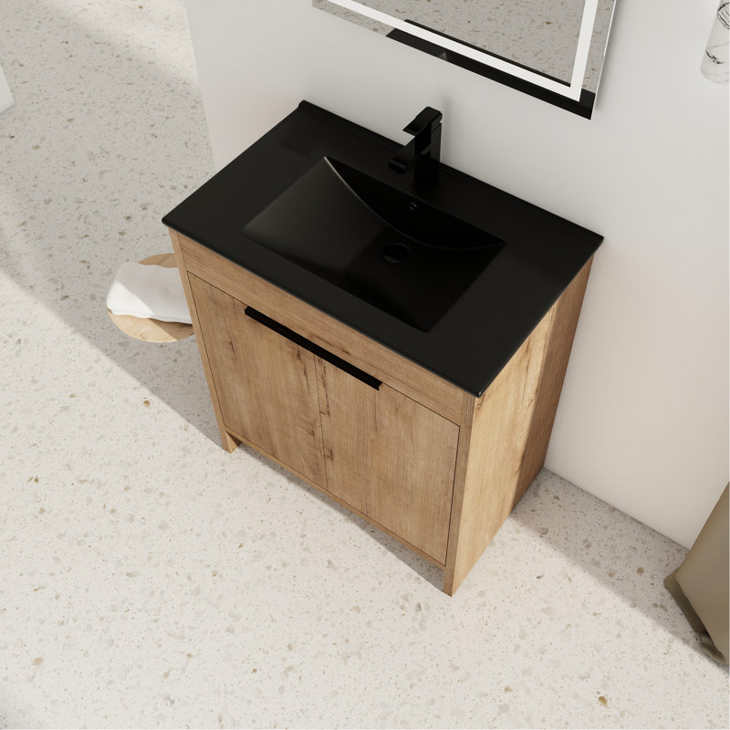 Freestanding Vanity With Ceramic Basin - 30" 2 Soft-Close Doors Black Adjustable Shelf Metal Handle Bathroom Cabinet Unit Sink Strong
