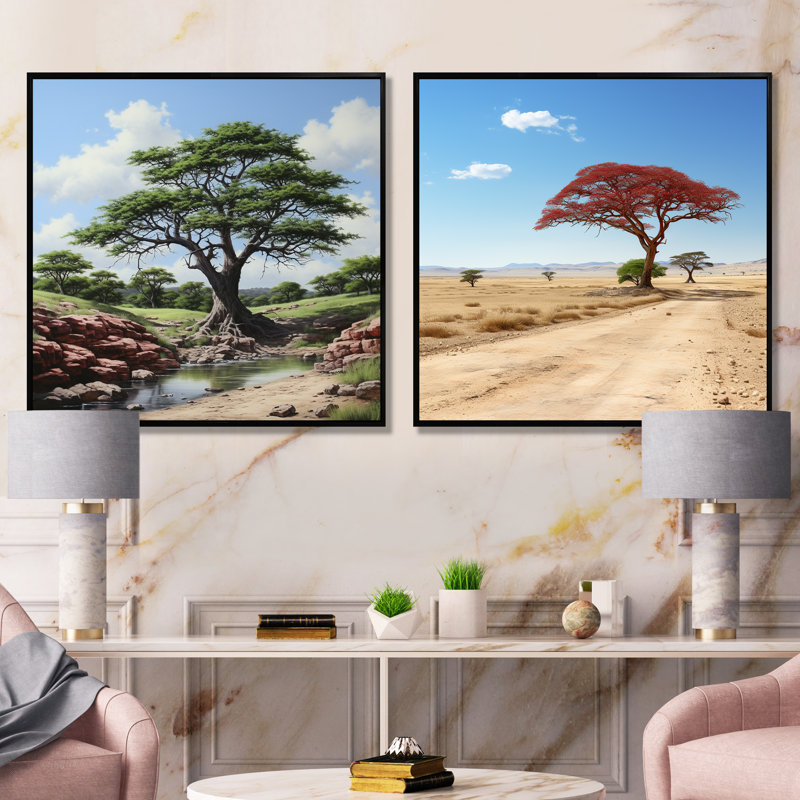 African Safari Tree Bliss I - Ensemble de 2 impressions sur toile, Cadre noir, H 16 po x l 33 po x P 1 po