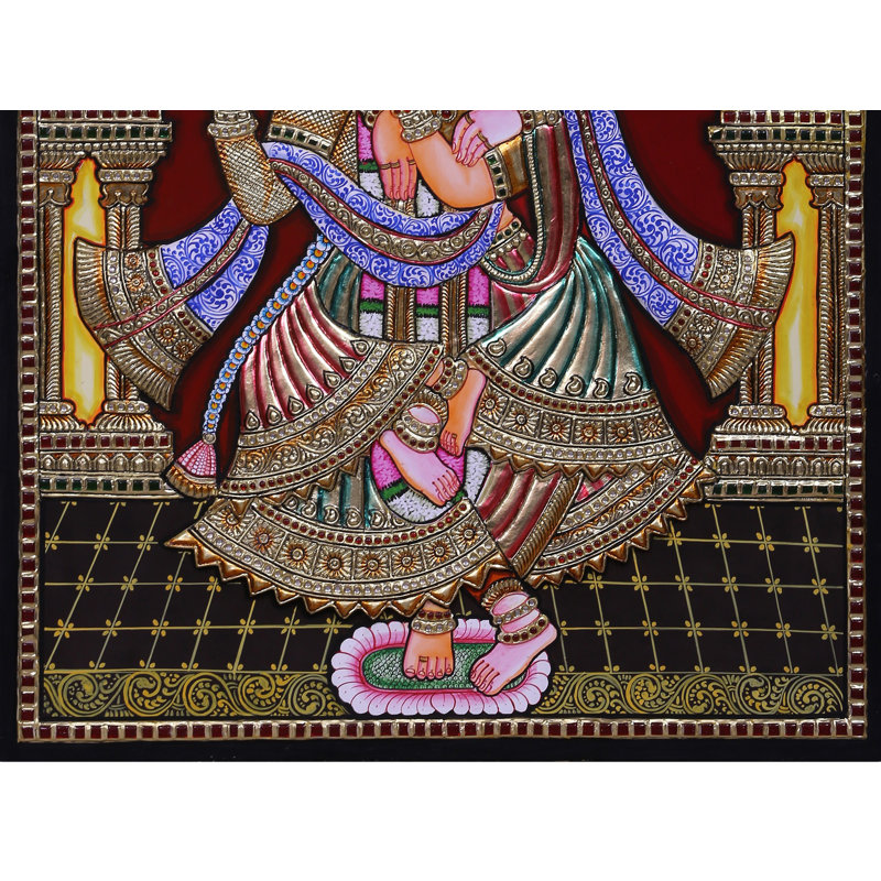 Danse, Radha Krishna Tanjore, peinture L aux couleurs traditionnelles avec or 24 carats et cadre L